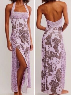 Free People Intimatlet Love You Most Lavender Floral Lace Halter Slip Nightgown